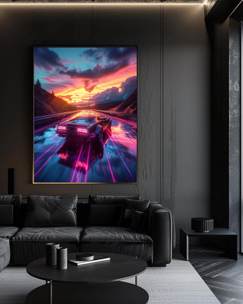 Retro Wall Art, 80s Synthwave Sports Car, Neon Sunset Print, Framed Unframed or Digital