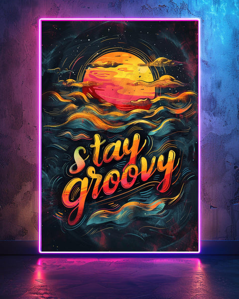 Retro Wall Art, Stay Groovy Typography Print, 70s Color Waves, Framed Unframed or Digital