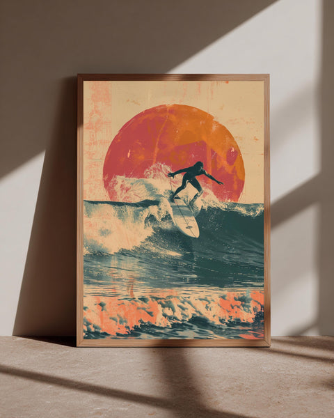 Retro Surf Wall Art, Vintage 70s Surfer Poster, Sunset Wave Print, Framed Unframed or Digital