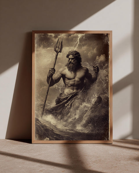 Poseidon Greek God of the Sea Poster - Vintage Mythology Wall Art - Stormy Ocean Trident Sepia Gloss Print - Ancient Greece Wall Decor