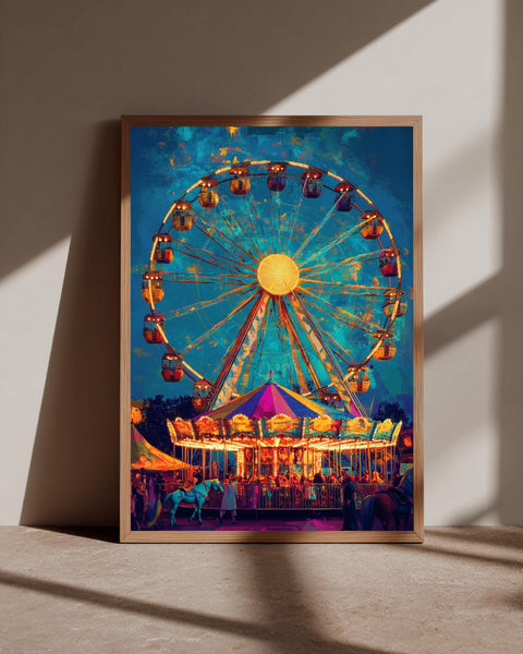 Retro Carnival Art, Vintage Ferris Wheel Poster, Amusement Park Print, Framed Unframed or Digital