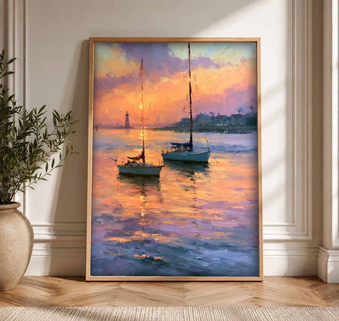Coastal sailboats lighthouse sunset print