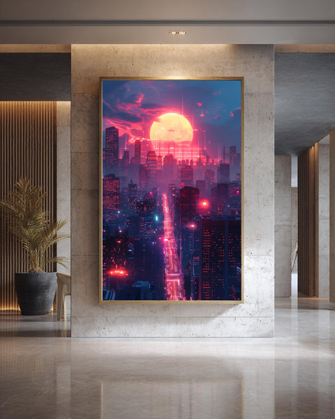 Retro Synthwave City, Neon Skyline Futuristic Print, Framed Unframed or Digital