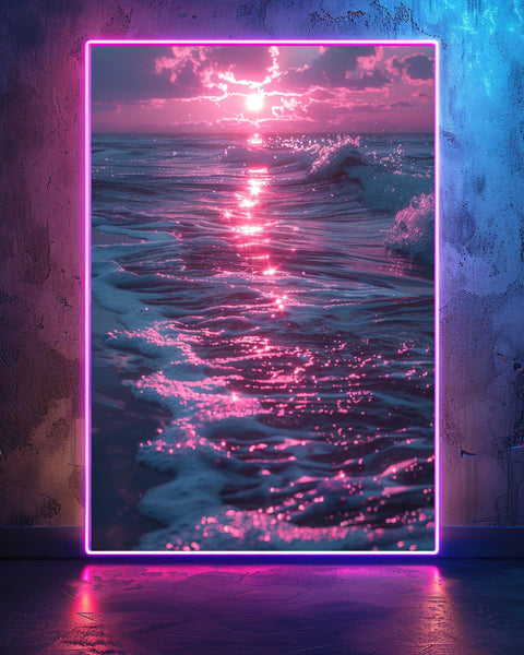 Retro Wave Ocean Art, Neon Sunset Print, Synthwave Vaporwave Poster, Framed Unframed or Digital