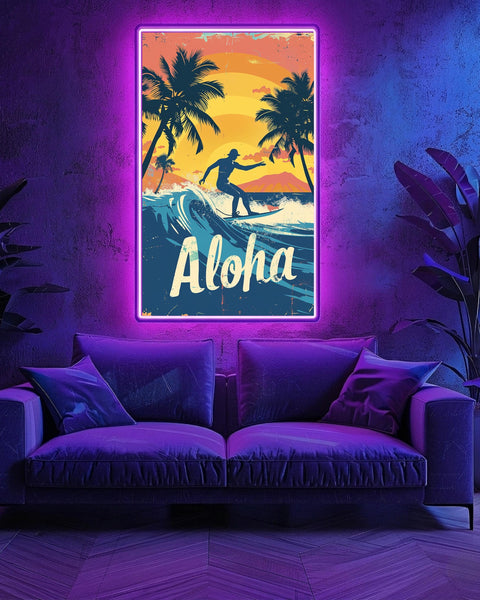 Retro Travel Poster, Hawaii Aloha Surfer Print, Pastel Sunset Beach, Framed Unframed or Digital
