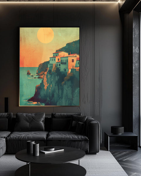 Retro Greek Islands, Cliffside Village Sunset Print, Vintage Travel Poster, Framed Unframed or Digital