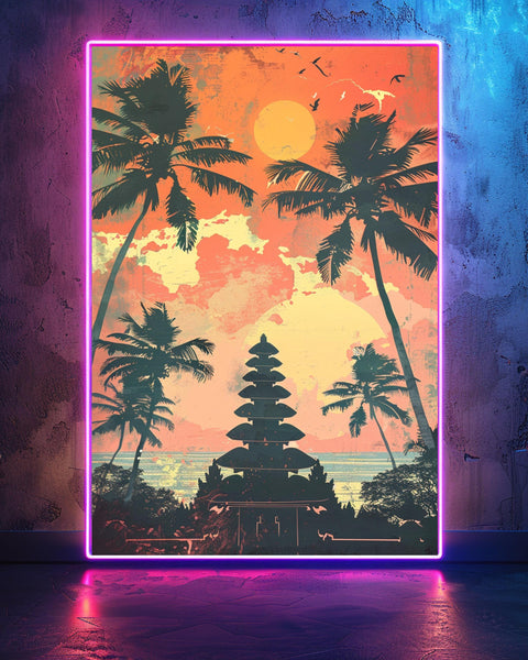 Retro Bali Poster, Ancient Temple Silhouette, Tropical Sunset, Framed Unframed or Digital