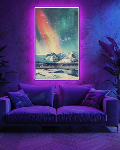 Retro Travel Poster, Iceland Northern Lights Print, Snowy Mountains, Framed Unframed or Digital