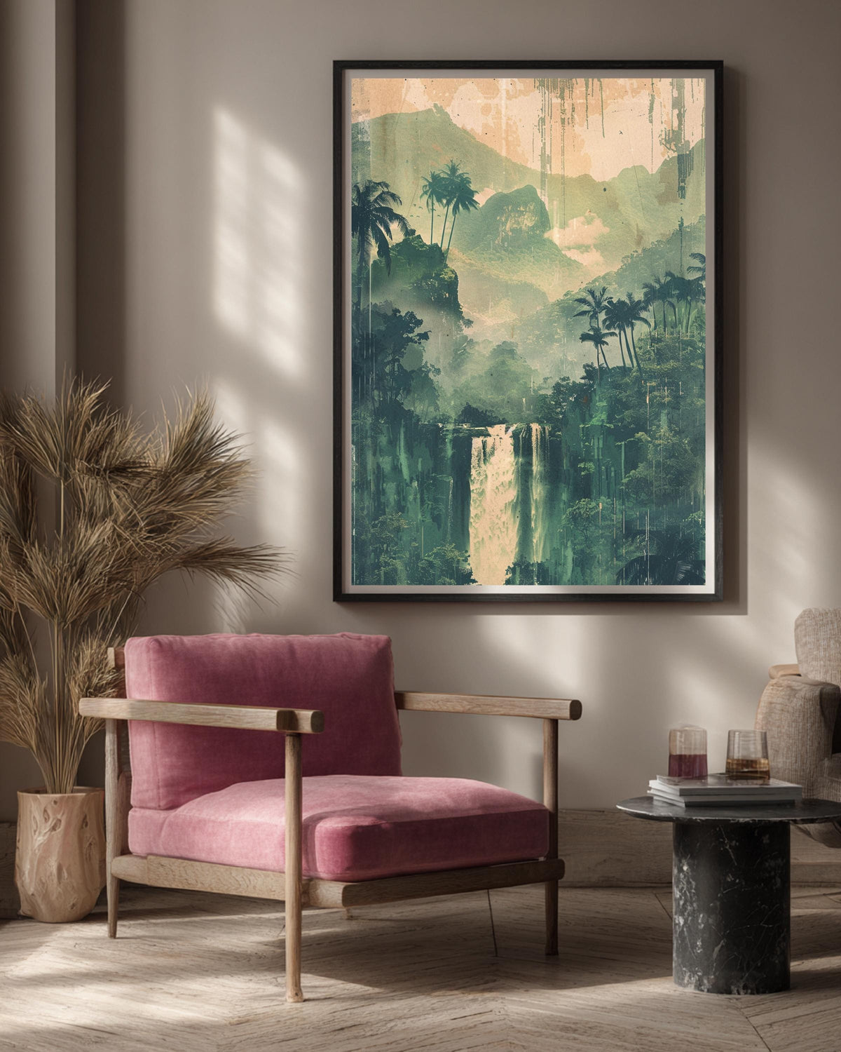 Retro Travel Poster, Vintage Bali Jungle Waterfall Print, Framed Unframed or Digital