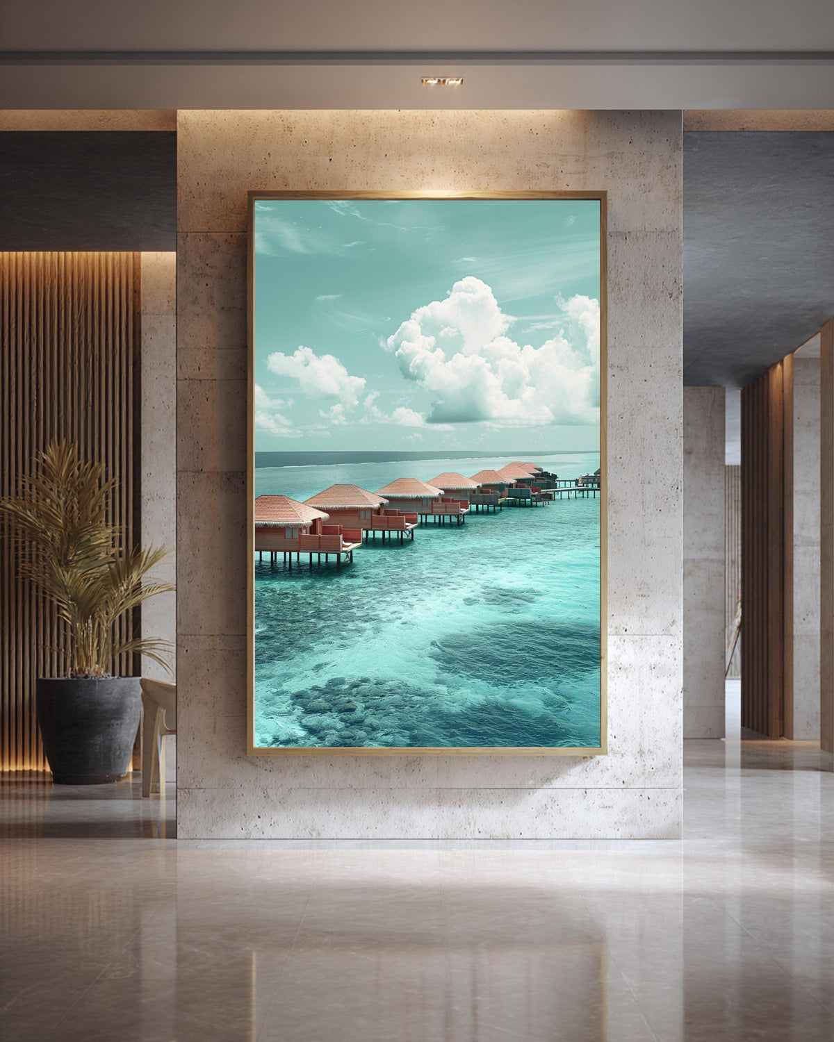 Retro Travel Poster, Maldives Overwater Villas Print, Turquoise Ocean, Framed Unframed or Digital