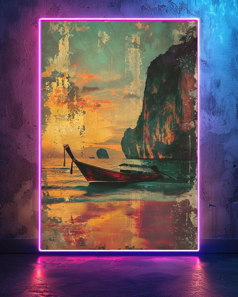 Retro Travel Poster, Phuket Thailand Longtail Boat Print, Framed Unframed or Digital