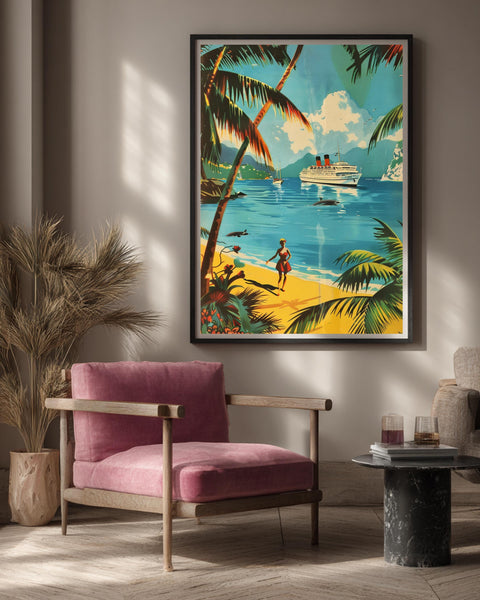 Retro Travel Poster, 1950s Caribbean Cruise Ocean Liner, Framed Unframed or Digital