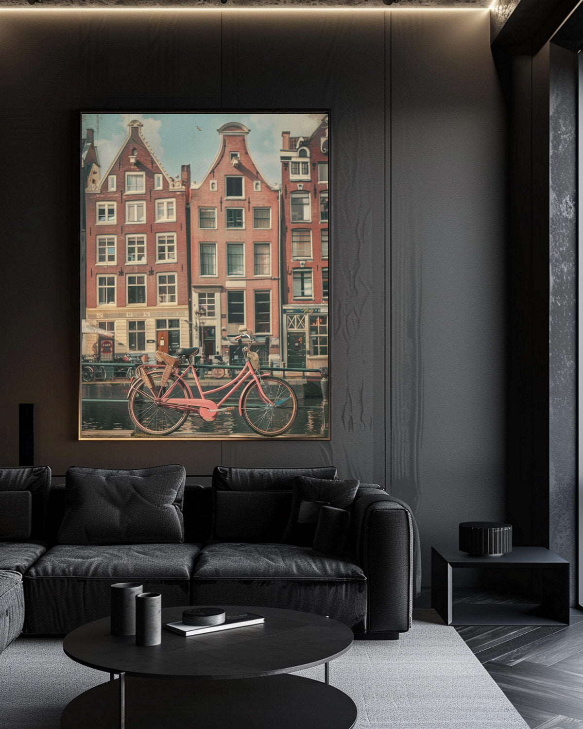 Retro Travel Poster, Amsterdam Canal Houses Print, Vintage Bicycle, Framed Unframed or Digital