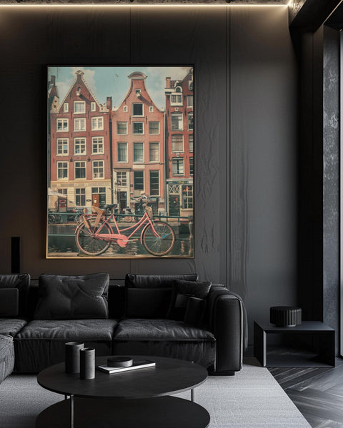 Retro Travel Poster, Amsterdam Canal Houses Print, Vintage Bicycle, Framed Unframed or Digital