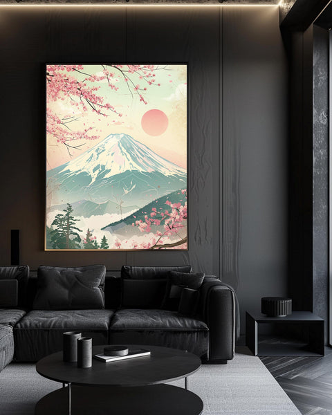 Mount Fuji Wall Art, Cherry Blossom Retro Poster, Pastel Japan Print, Framed Unframed or Digital