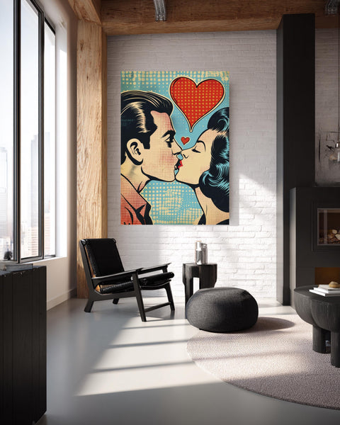Retro Pop Art Print, 1950s Comic Couple Kissing, Vintage Romance Poster, Framed Unframed or Digital