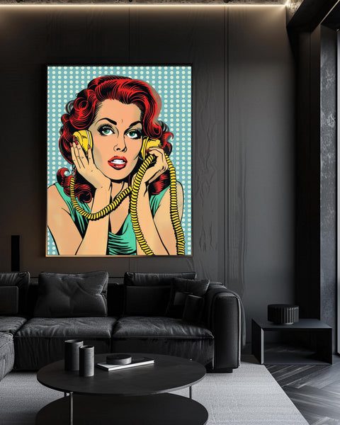 Retro Pop Art Print, Comic Halftone Woman Phone Poster, Framed Unframed or Digital