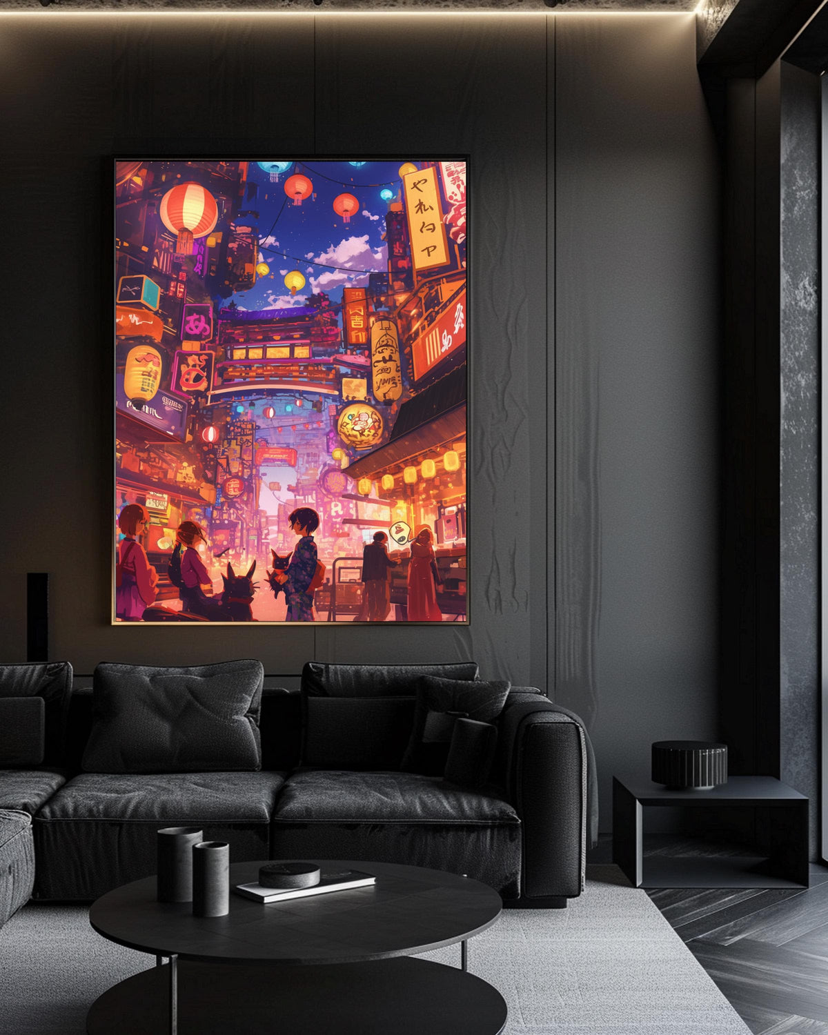 Tokyo Night Market, Retro Anime Street Art Print, Glowing Lanterns Poster, Framed Unframed or Digital