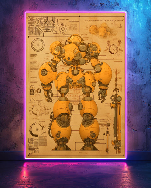 Retro Robot Art, Anime Mech Blueprint, Technical Diagram Poster, Framed Unframed or Digital