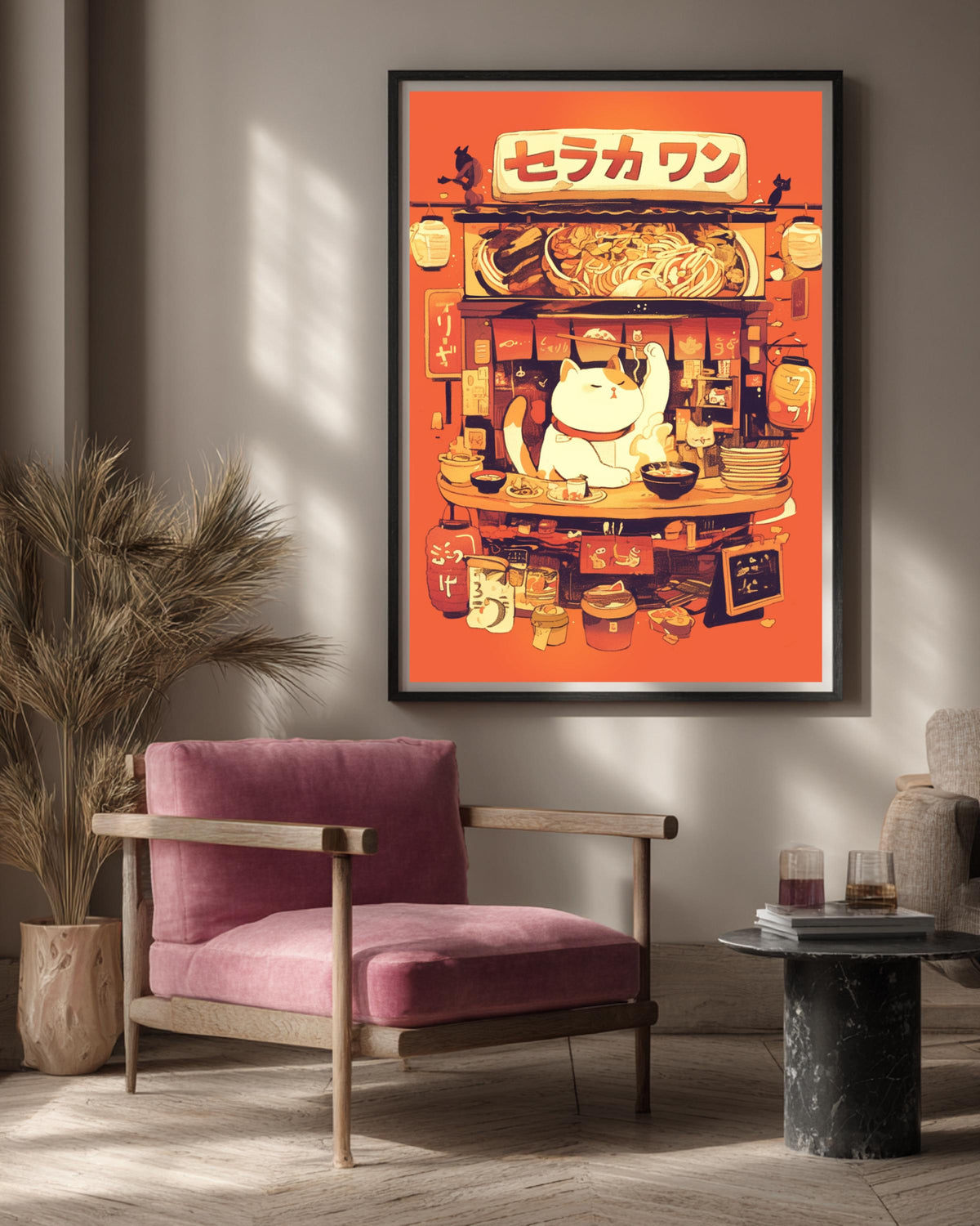 Retro Anime Cat Print, Japanese Ramen Stall Poster, Framed Unframed or Digital