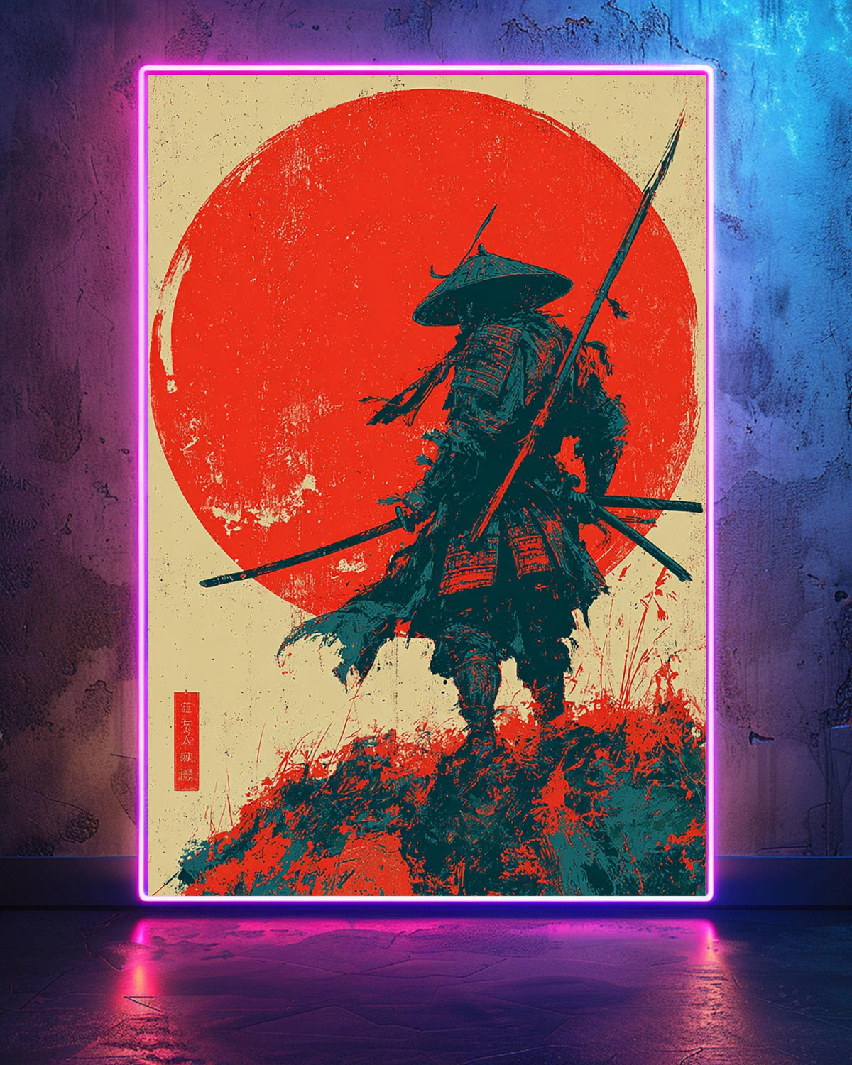 Retro Samurai Rising Sun Poster, Vintage Japanese Ukiyo-e Warrior Wall Art, Bold Ink Lines, Grainy Texture Gloss Print
