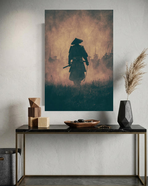 Dramatic Samurai Battlefield Poster, Misty Warrior Wall Art, Cinematic Vintage Japanese Style, Grainy Retro Gloss Print