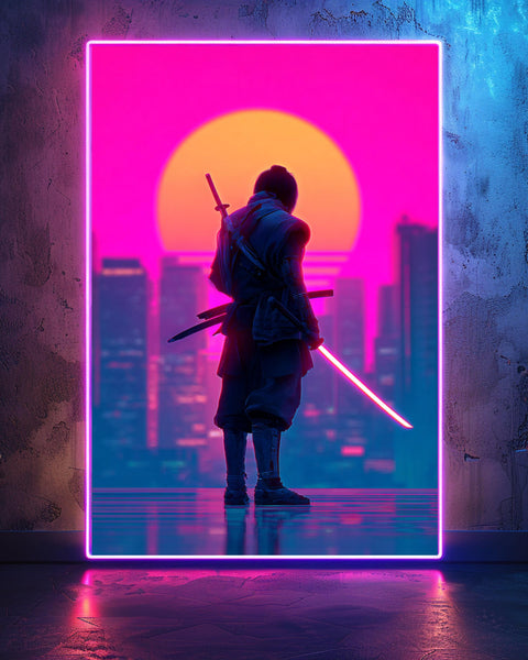 Samurai Neon Poster, Synthwave Warrior Print, Tokyo Cyberpunk Decor, Framed Unframed or Digital