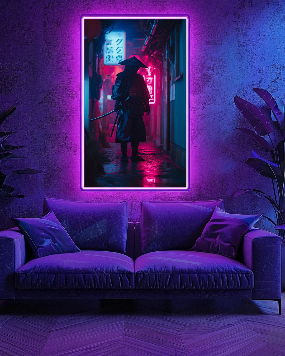 Neon Samurai Rainy Alley Poster, Retro 80s Cyberpunk Tokyo Wall Art, Cinematic Warrior Scene, Futuristic Gloss Print