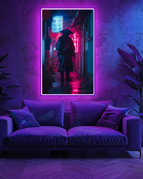 Neon Samurai Rainy Alley Poster, Retro 80s Cyberpunk Tokyo Wall Art, Cinematic Warrior Scene, Futuristic Gloss Print
