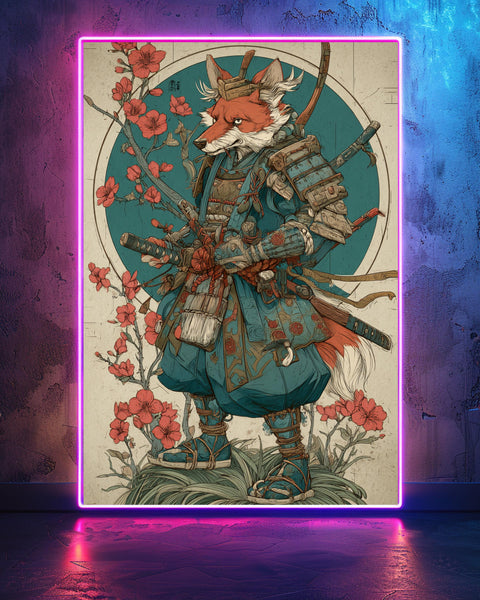 Fox Samurai Poster, Mystical Japanese Warrior Wall Art, Traditional Folklore Samurai Illustration, Retro Gloss Print