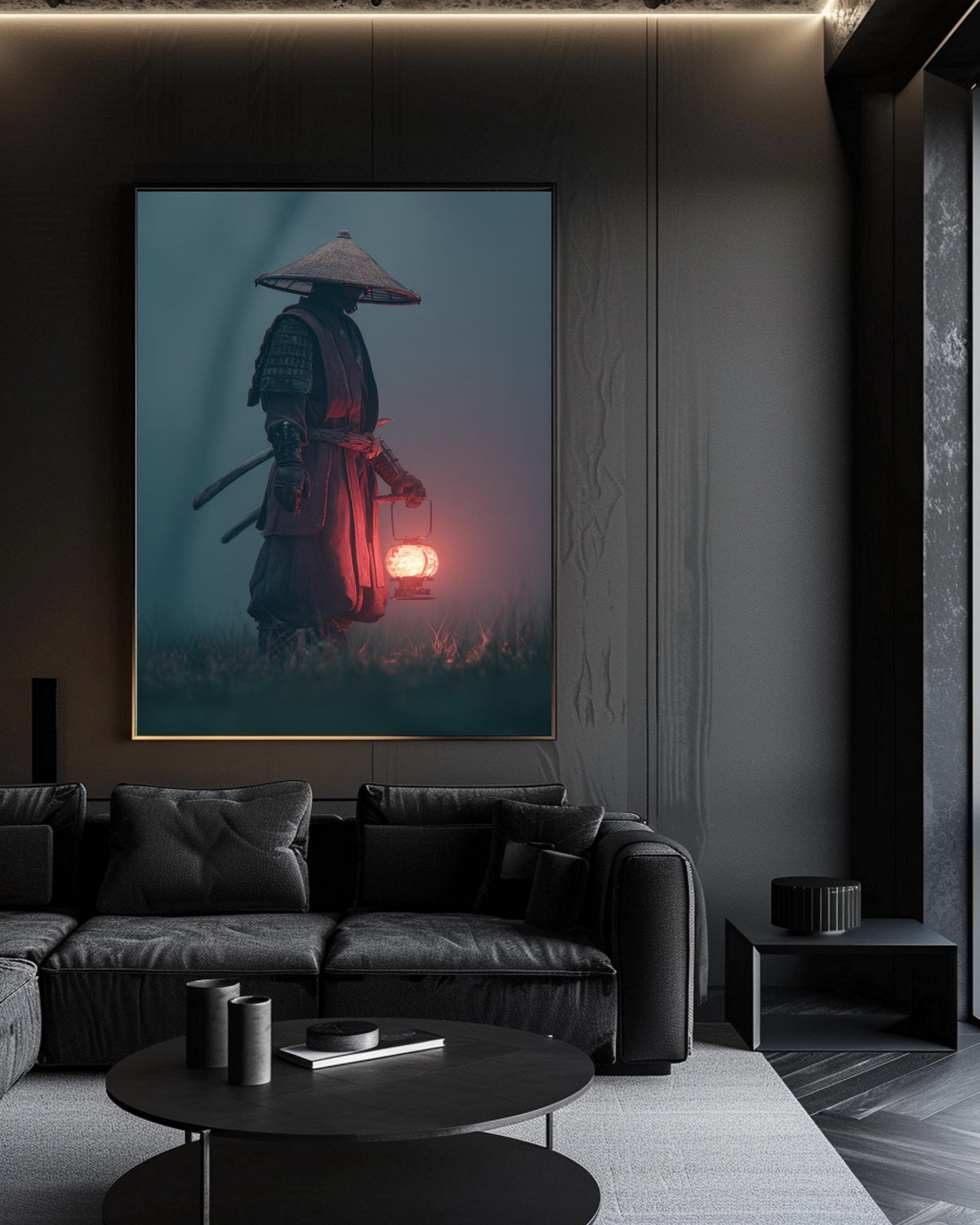 Samurai Lantern Poster, Glowing Night Warrior Wall Art, Vintage Japanese Samurai Illustration, Retro Gloss Print