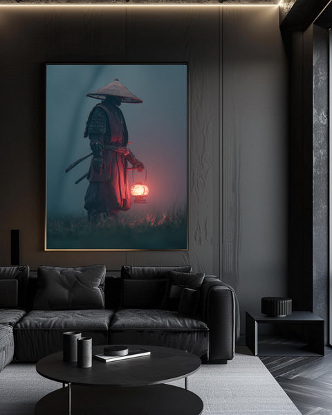 Samurai Lantern Poster, Glowing Night Warrior Wall Art, Vintage Japanese Samurai Illustration, Retro Gloss Print
