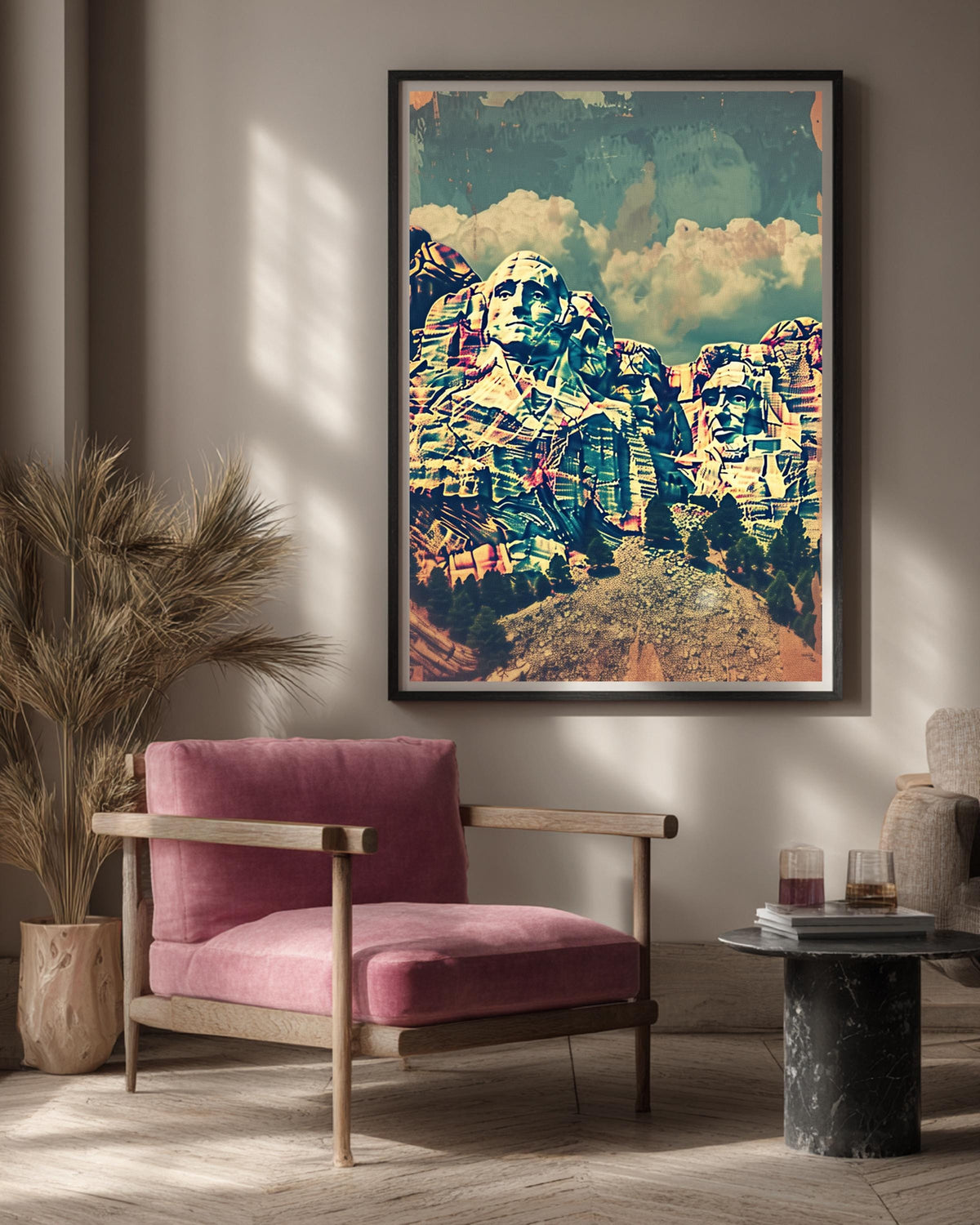 Mount Rushmore Retro Travel Poster, Vintage Americana Wall Art, 1950s Patriotic Landmark Illustration Gloss Print