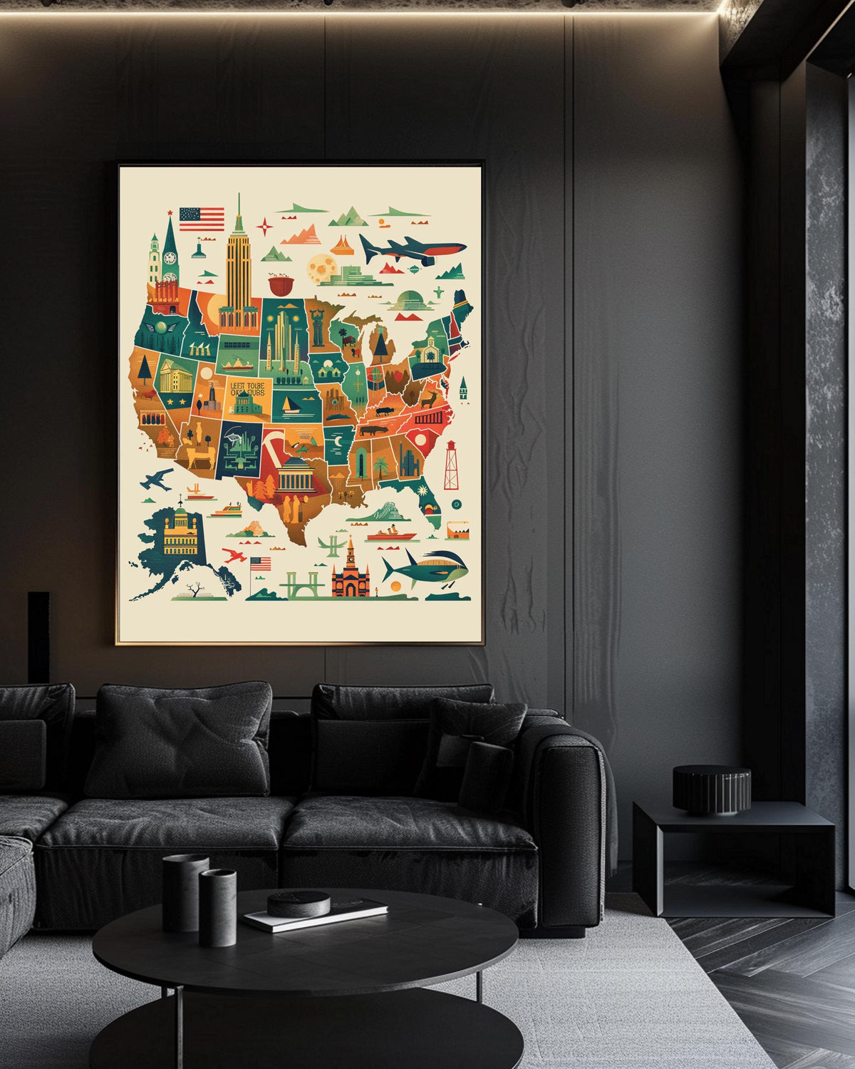 USA Map Wall Art, Retro Travel Poster, 50 States Landmark Print, Framed Unframed or Digital