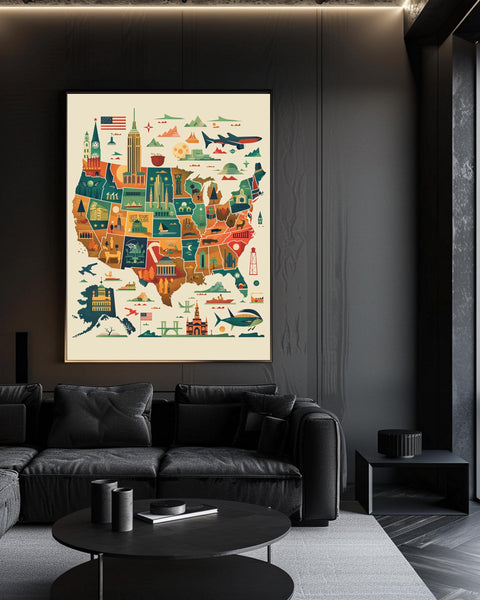USA Map Wall Art, Retro Travel Poster, 50 States Landmark Print, Framed Unframed or Digital