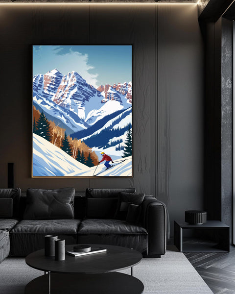 Aspen Colorado Art, Retro Ski Poster, Snow Mountain Print, Framed Unframed or Digital