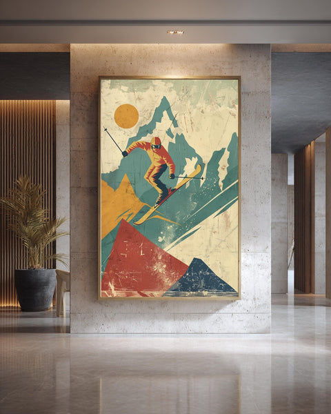 Retro Ski Resort Poster, 1960s Vintage Alpine Travel Wall Art, Skier Action Pose, Geometric Mountains, Pastel Winter Print Gloss