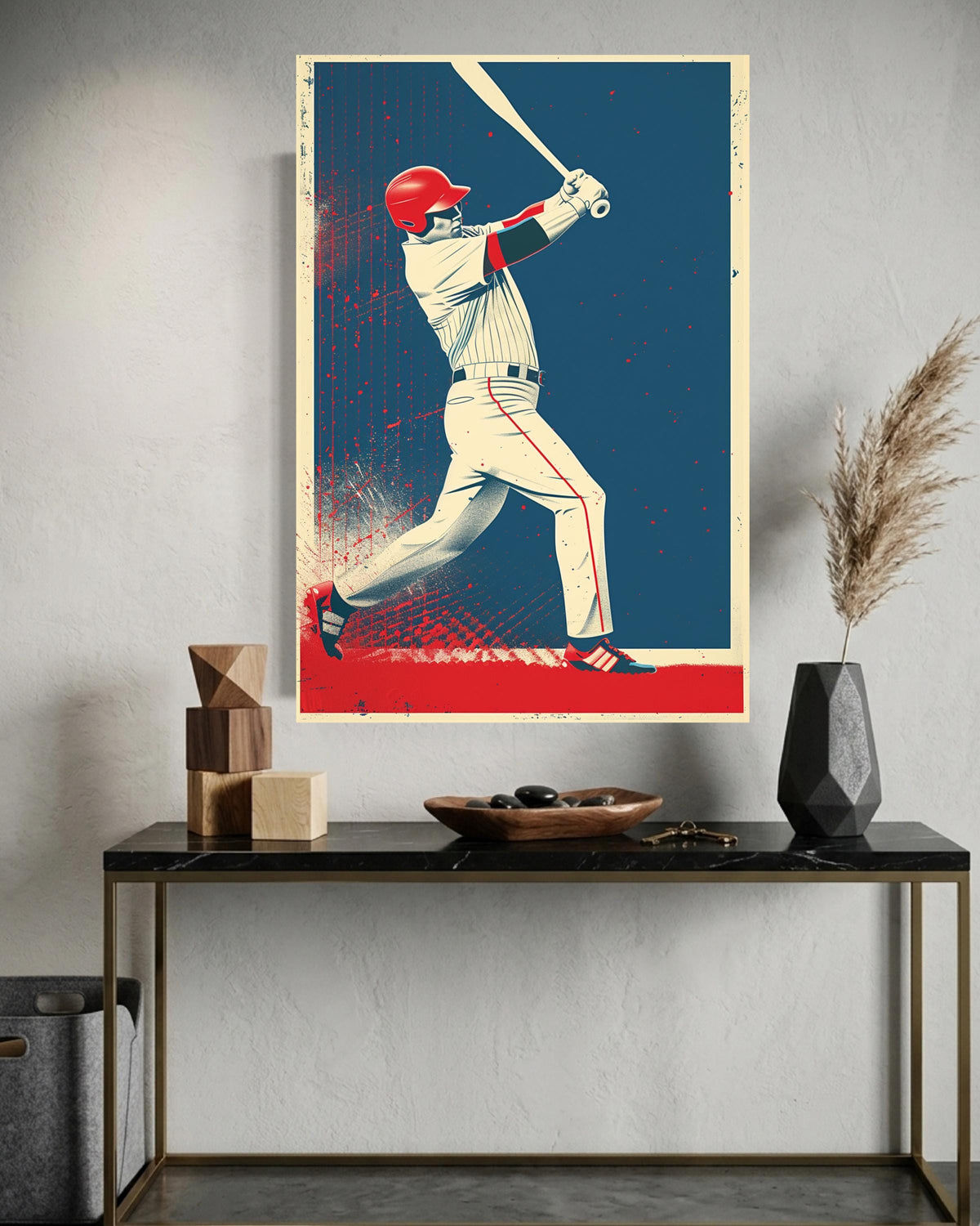 Retro Baseball Poster, Vintage Player Batting Wall Art, Mid Century Sports Illustration, Halftone Texture, Nostalgic Print Gloss