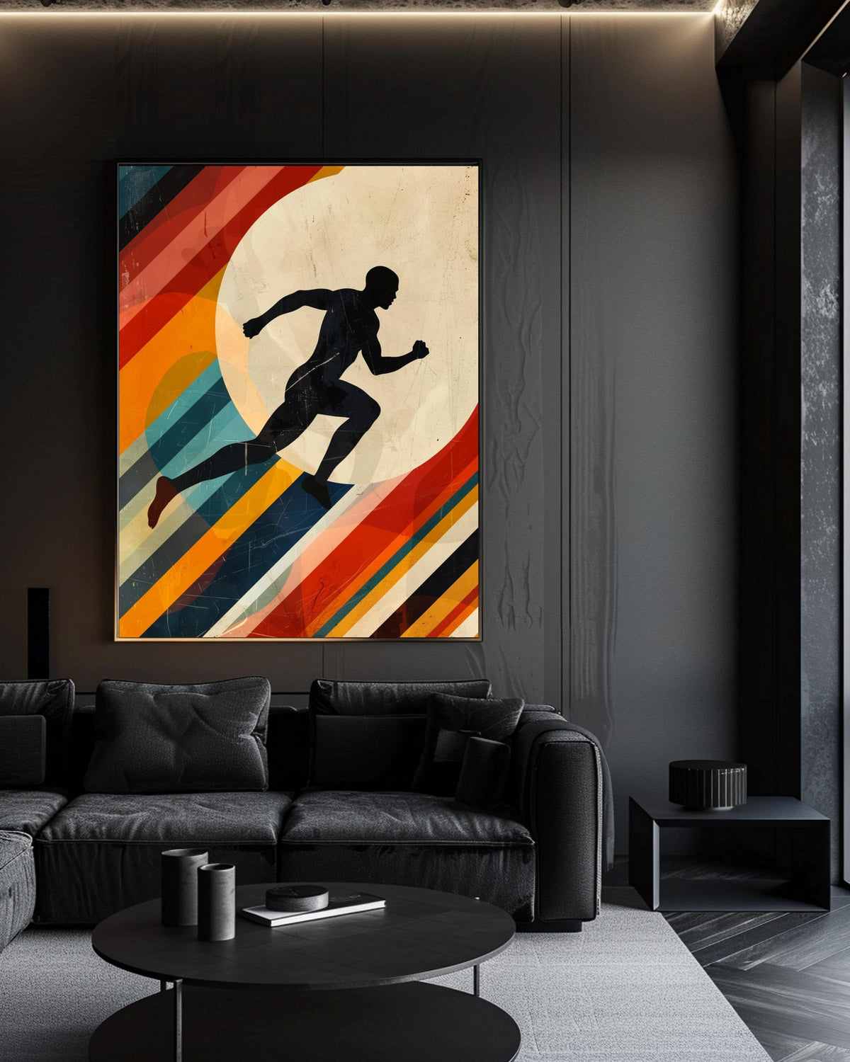 Retro Olympic Sports Poster, Athlete Silhouette Wall Art, Vintage International Sports Print, Bold Geometric Shapes Gloss