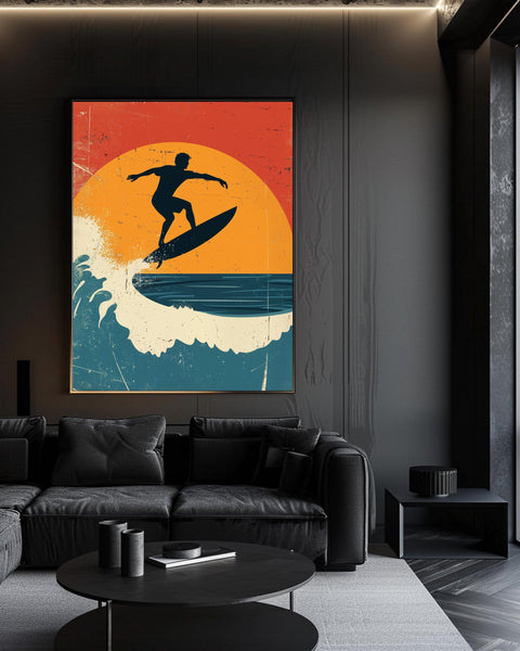 Retro Surfing Poster, 1970s Vintage Beach Wall Art, Surf Culture Illustration, Bold Sunset Colors, Retro Sports Print Gloss