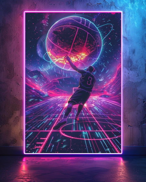 Retro Neon Basketball Poster, 80s Synthwave Sports Wall Art, Vaporwave Background, Glowing Neon Colors, Dynamic Hoop Print Gloss