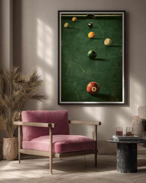 Retro Billiards Poster, Vintage Pool Hall Wall Art, Dark Green Palette, Classic Typography, Nostalgic Sports Print Gloss