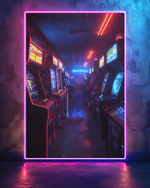 Retro Arcade Hall Art, 1980s Neon Gaming Room Print, Framed Unframed or Digital