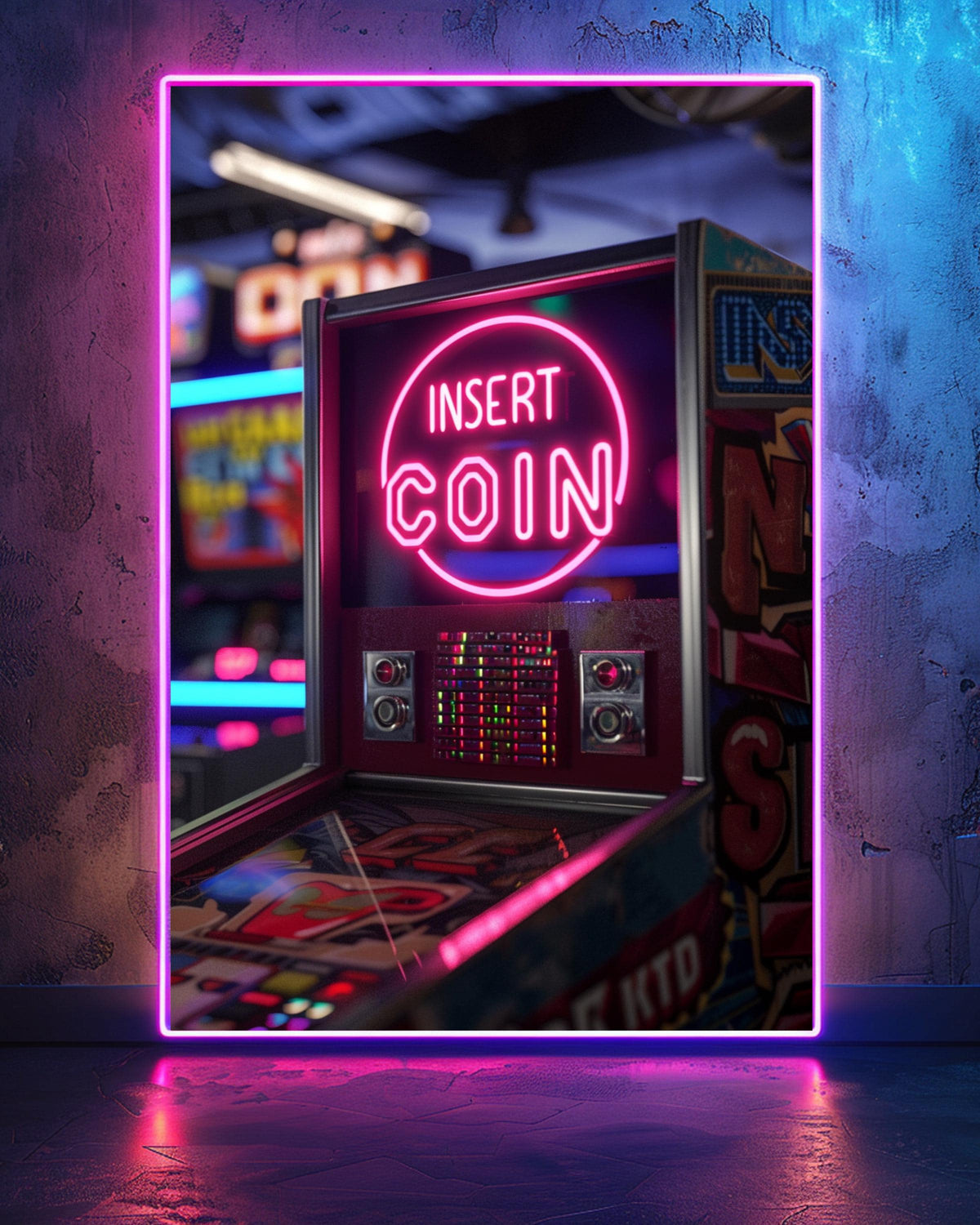 Retro Arcade Typography Poster, 1980s Neon Gaming Wall Art, INSERT COIN Pixel Print, Nostalgic Gamer Decor Gloss Print