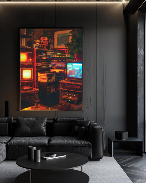 Retro Gaming Room Poster, 1980s Console Setup Wall Art, Cozy Gamer Room Print, Nostalgic Retro Video Game Decor Gloss Print