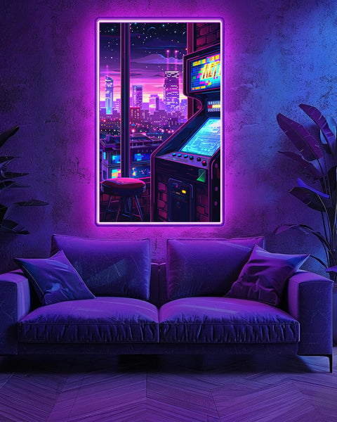 Retro Pixel City Art, Neon Arcade Skyline Print, Gamer Gift, Framed Unframed or Digital