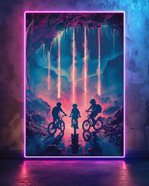 Retro 80s Adventure, Kids on Bikes Neon Cave Poster, Framed Unframed or Digital
