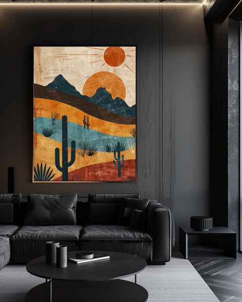 Desert Landscape Art, Mid Century Retro Sunset, Cactus Terracotta Print, Framed Unframed or Digital