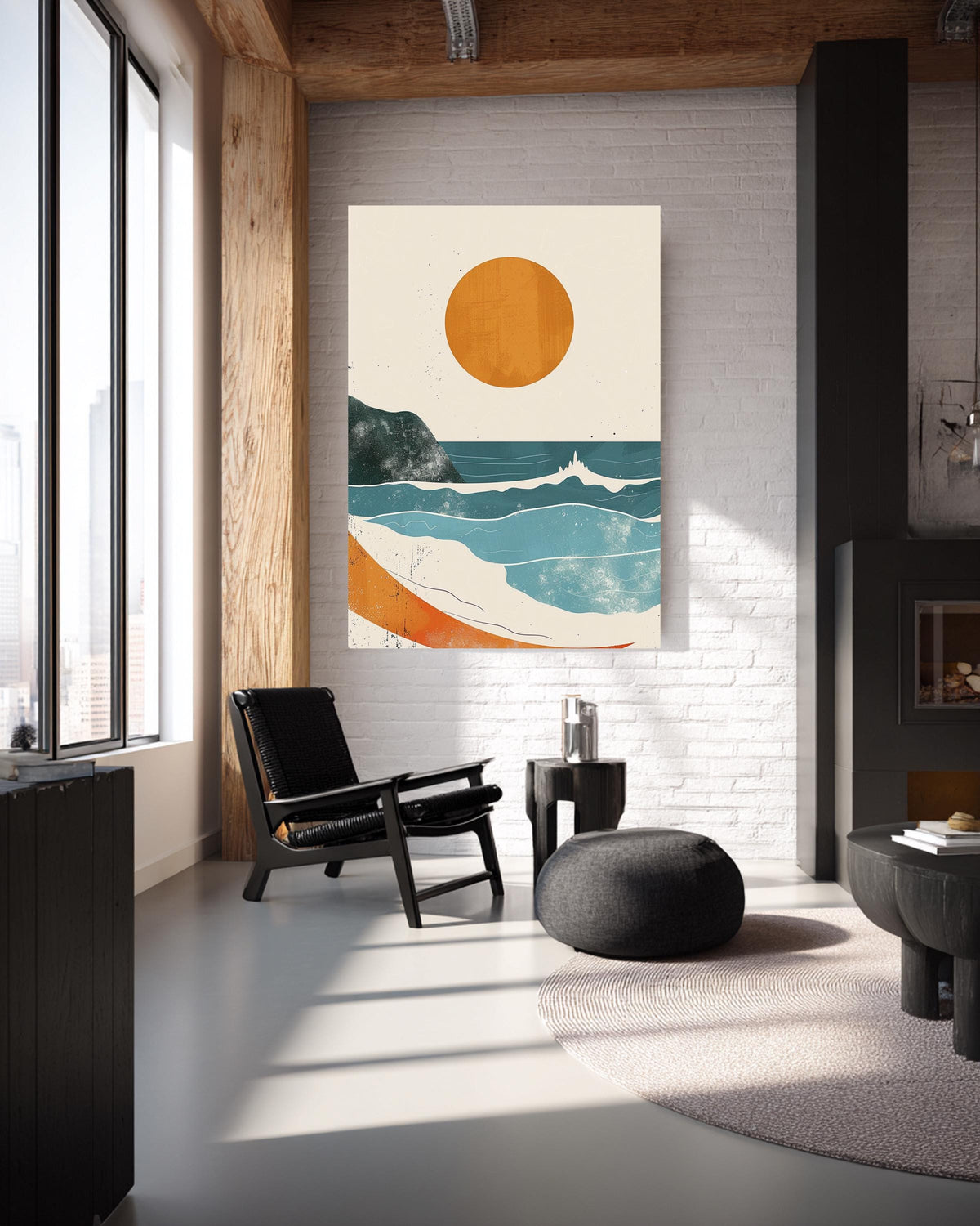 Retro Ocean Wall Art, Mid Century Coastal Print, Pastel Beach Sun, Framed Unframed or Digital
