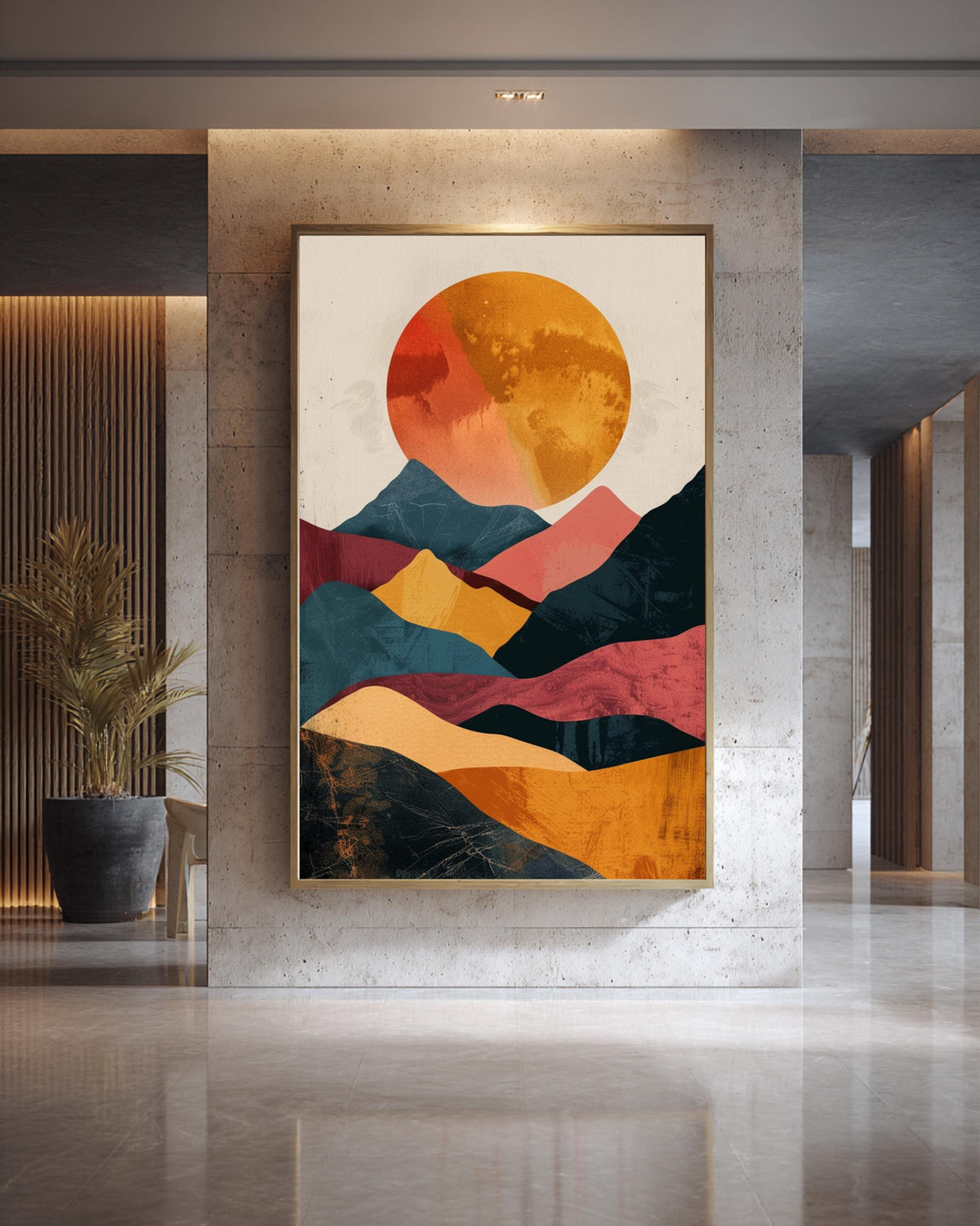 Retro Sunset Hills Art, Mid Century Mountain Landscape, Abstract Decor, Framed Unframed or Digital